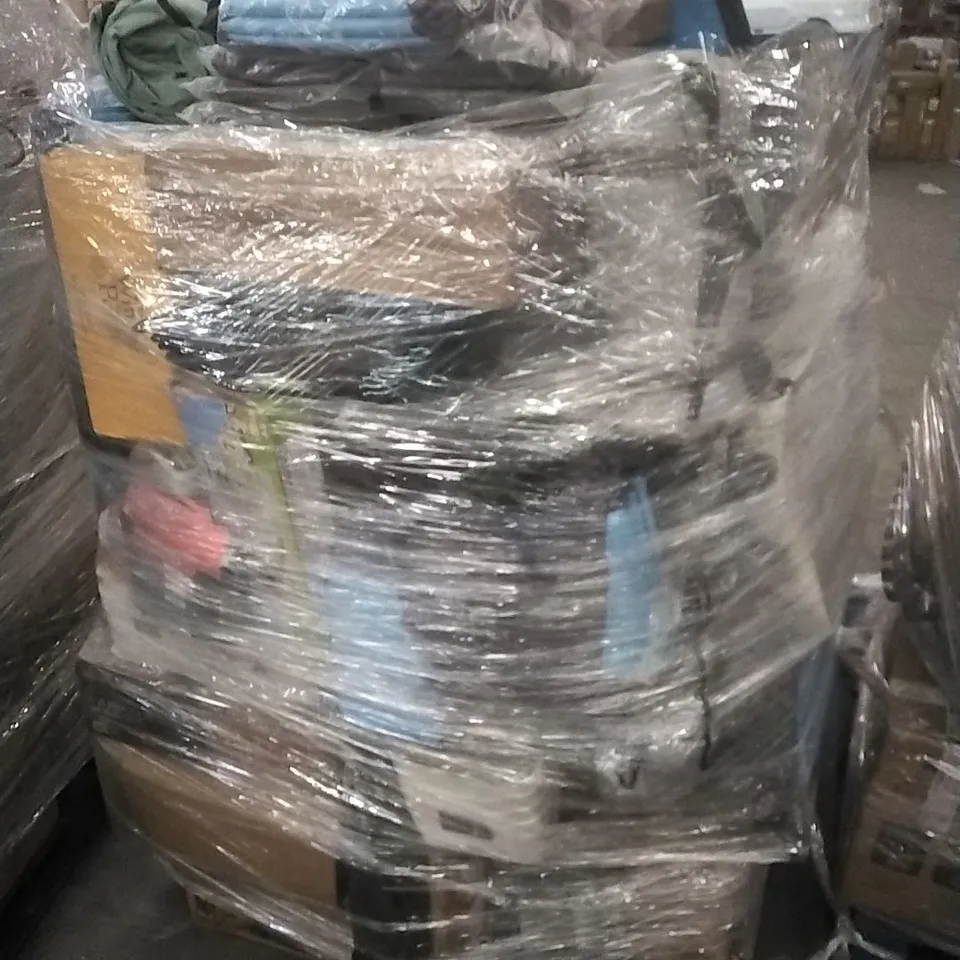 PALLET OF ASSORTED HOUSEHOLD GOODS AND PRODUCTS TO INCLUDE; OSCILLATING FAN, PARASOL BASE, COOLER, CAMPING WAGON ETC