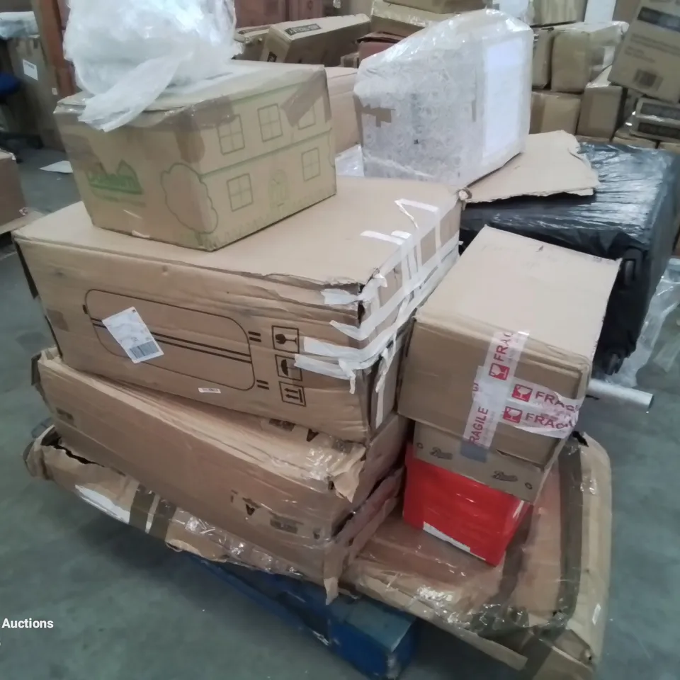 PALLET CONTAINING VARIOUS ASSORTED HOUSEHOLD ITEMS AND FURNITURE PARTS.