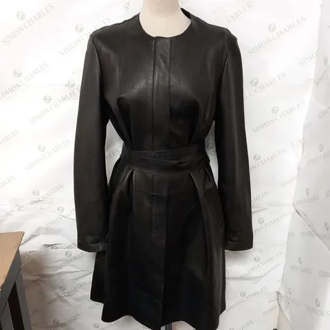 MASSIMO DUTTI BLACK LEATHER LONG COAT WITH WRAP ROUND BELT SIZE UNSPECIFIED