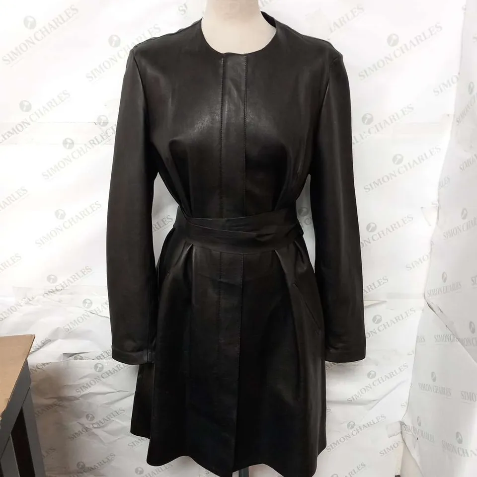 MASSIMO DUTTI BLACK LEATHER LONG COAT WITH WRAP ROUND BELT SIZE UNSPECIFIED