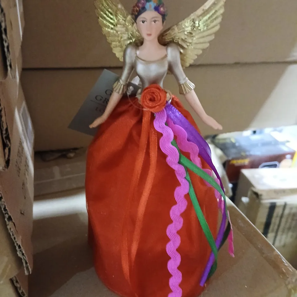 SIX GISELA GRAHAM LONDON ANGEL FIGURINE WITH GOLD WINGS, ORANGE DRESS AND RIBBON ACCENTS