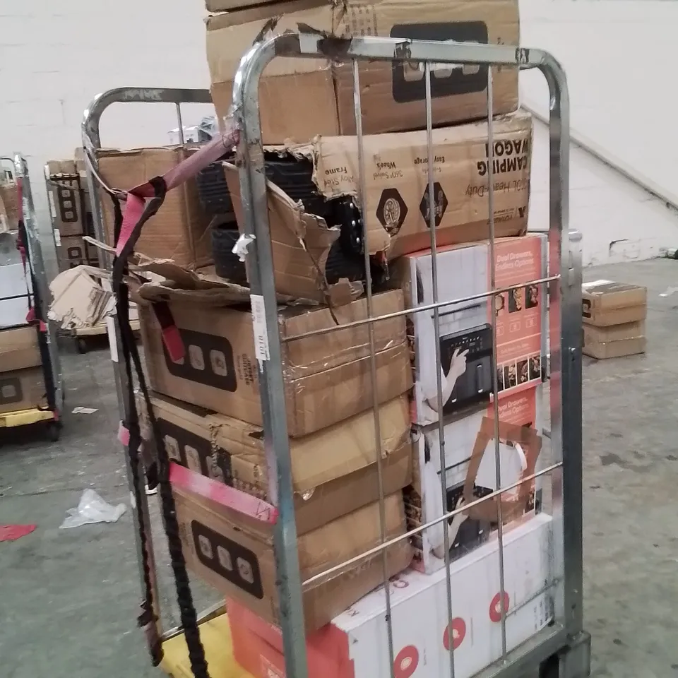 CAGE OF ASSORTED HOUSEHOLD GOODS AND PRODUCTS TO INCLUDE;300L HEAVY DUTY CAMPING WAGON,SUITCASES,VACUUM CLEANER,CHILDREN'S CAR SEAT