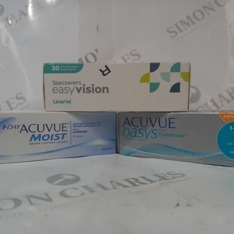 APPROXIMATELY 20 ASSORTED HOUSEHOLD ITEMS TO INCLUDE ACUVUE MOIST CONTACT LENSES, ACUVUE OASYS CONTACT LENSES, ETC