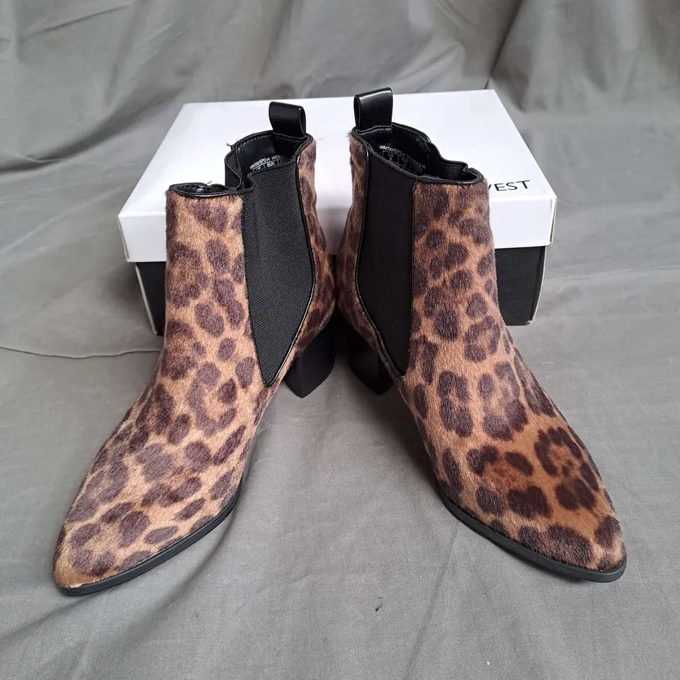 BOXED PAIR OF NINE WEST SYNTHETIC ANKLE BOOTS IN LEOPARD SIZE EU 35