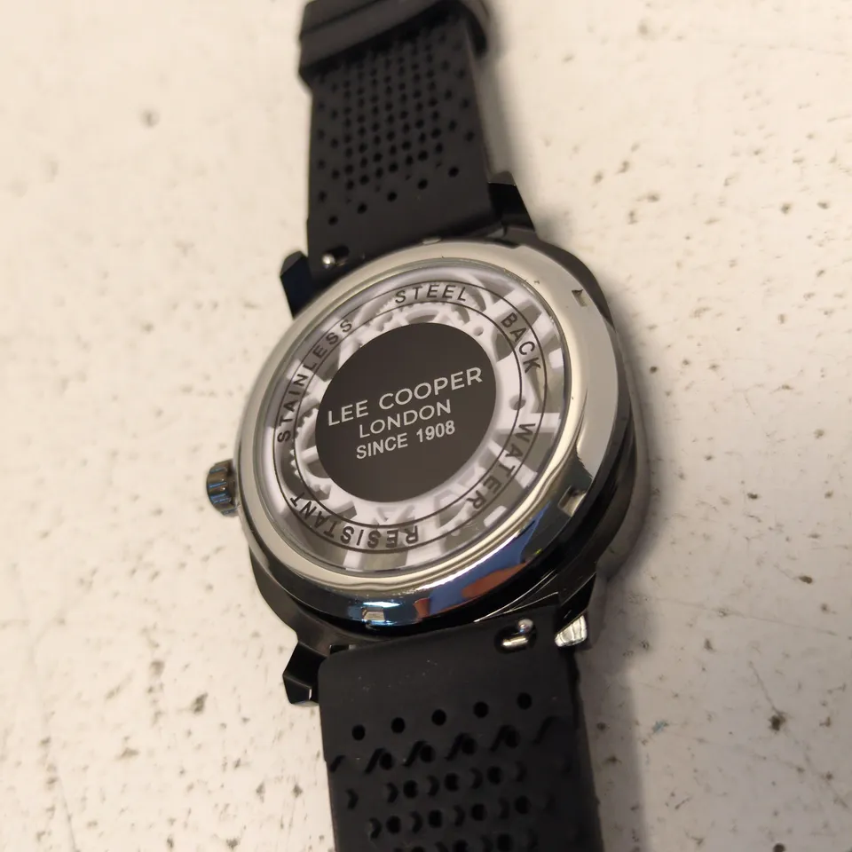 LEE COOPER LONDON WATCH – BLACK SKELETON DIAL, PERFORATED RUBBER STRAP