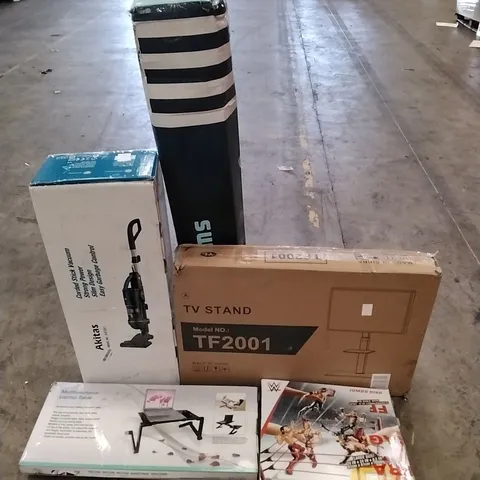 A PALLET OF VARIOUS ITEMS TO INCLUDE. VACUUM, LAPTOP TABLE, POP UPMBEACH TENT, TV STAND AND WWE