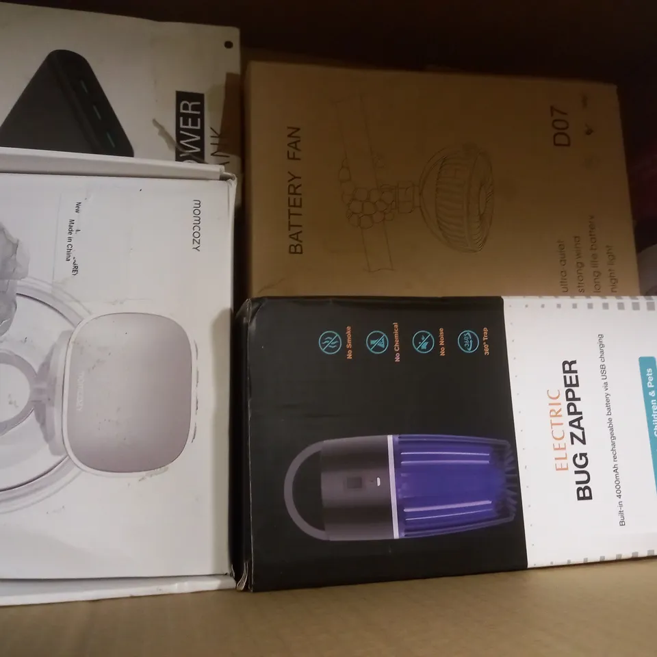 BOX OF APPROXIMATELY 5 ASSORTED ITEMS TO INCLUDE BATTERY FAN, BUG ZAPPER, POWER BANK