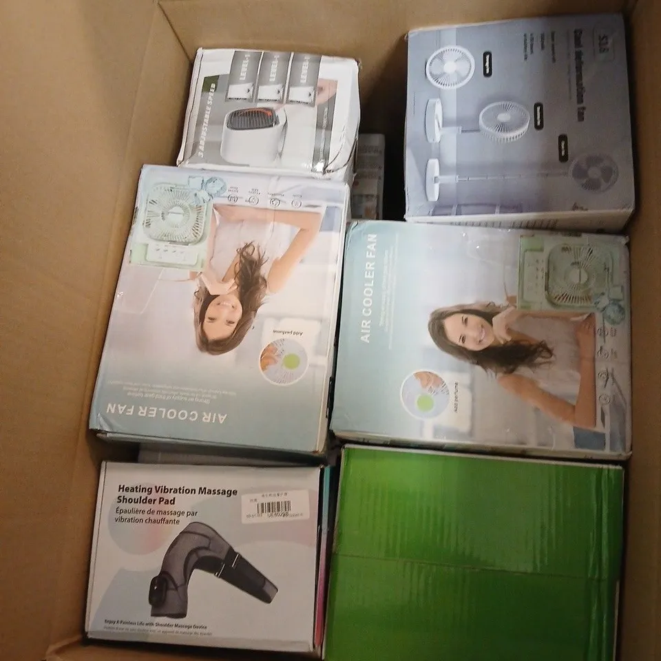 BOX OF APPROXIMATELY 10 ASSORTED ITEMS INCLUDING A HEATING VIBRATION MASSAGE SHOULDER PAD, AN AIR COOLER FAN AND A S18 LEVER MOVING POWER SUPPLY FAN