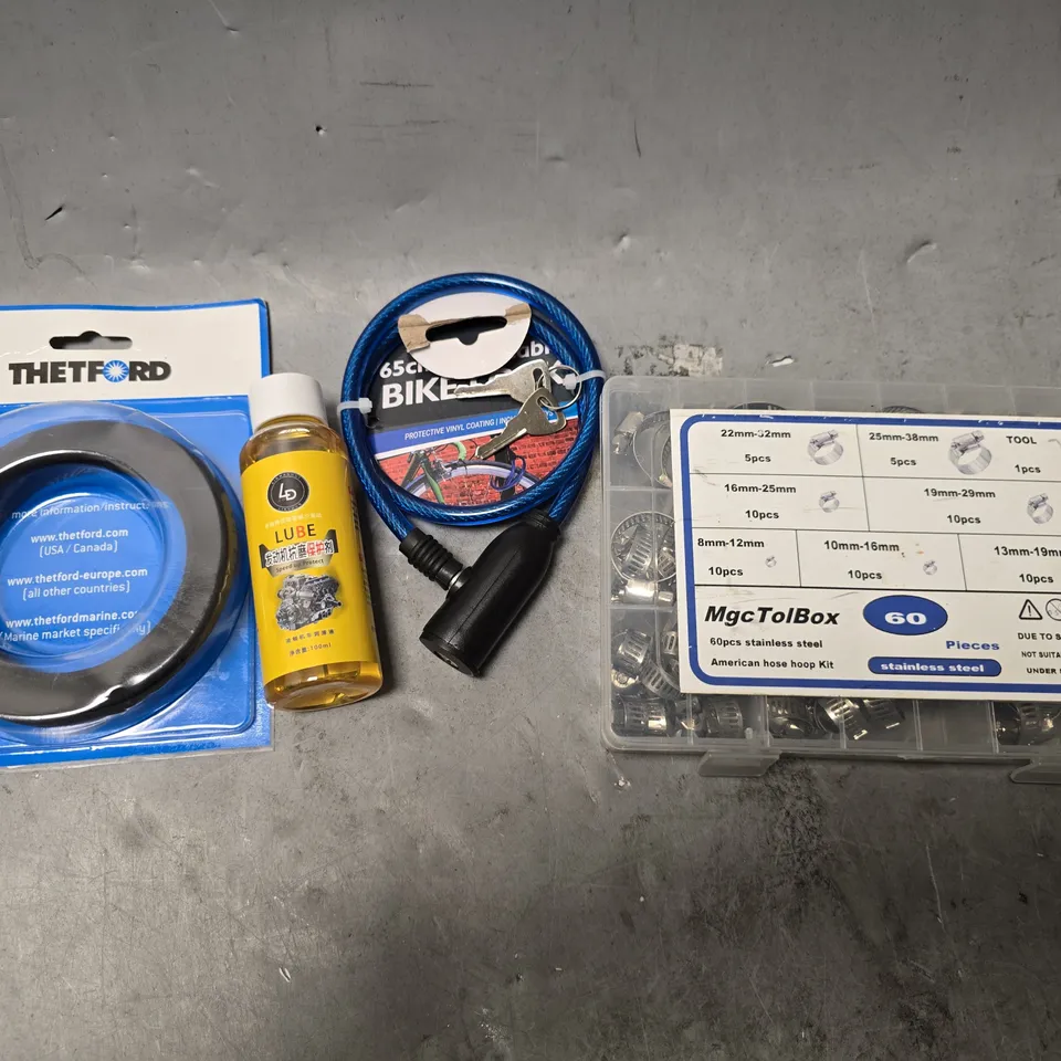 APPROXIMATELY 8 ASSORTED ITEMS TO INCLUDE - THEFORD LIP SEAL , BIKE LOCK , MGCTOLBOX 60 PEICE STAINLESS STEEL ETC