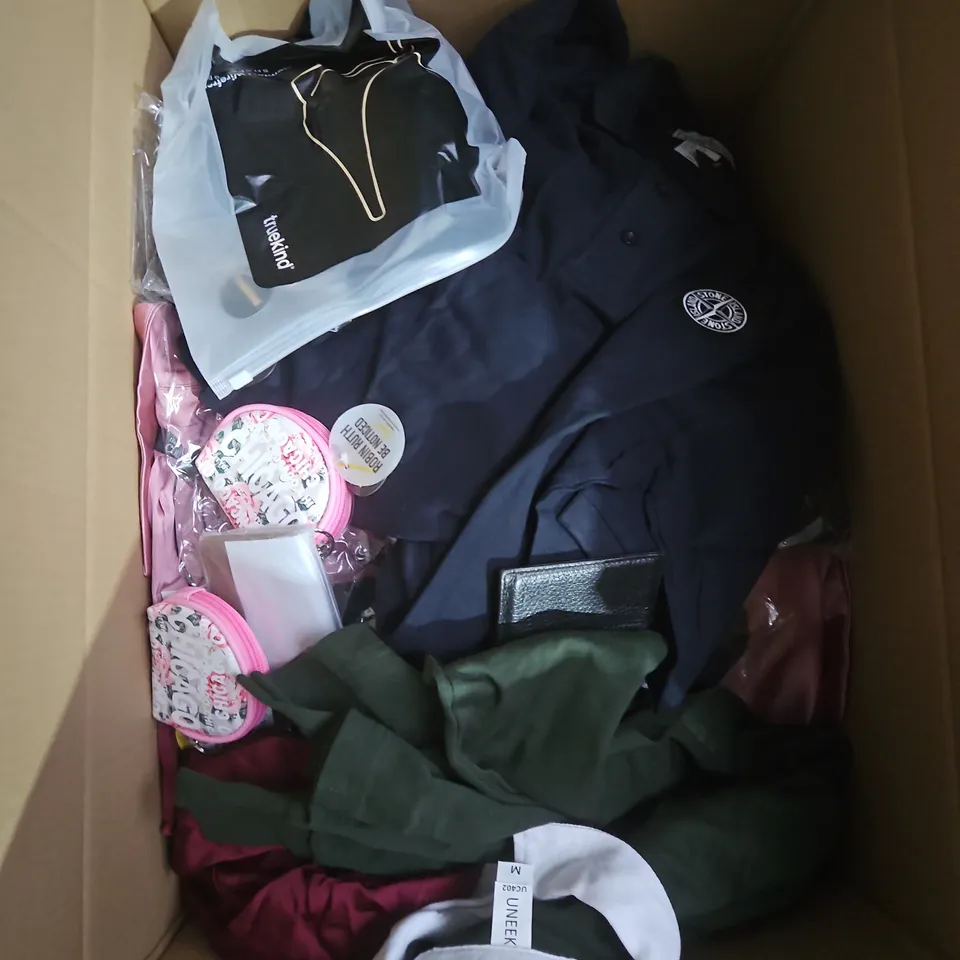 LARGE BOX OF APPROXIMATELY 25 ASSORTED CLOTHING ITEMS IN VARIOUS COLOURS, STYLES AND SIZES - COLLECTION ONLY