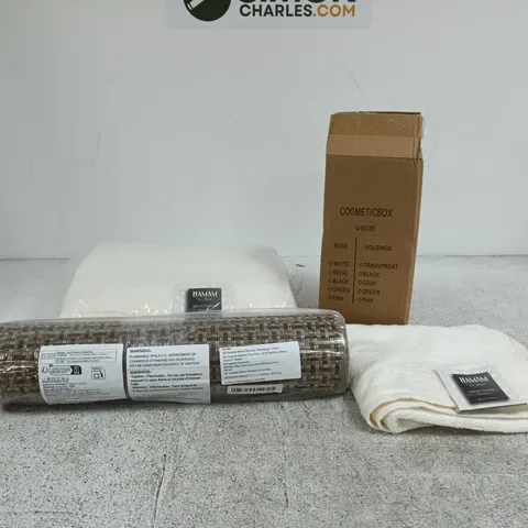BOX OF APPROXIMATELY 25 ASSORTED HOUSEHOLD ITEMS TO INCLUDE BATH TOWELS, HAND TOWEL, COSMETIC BOX, RUG ETC