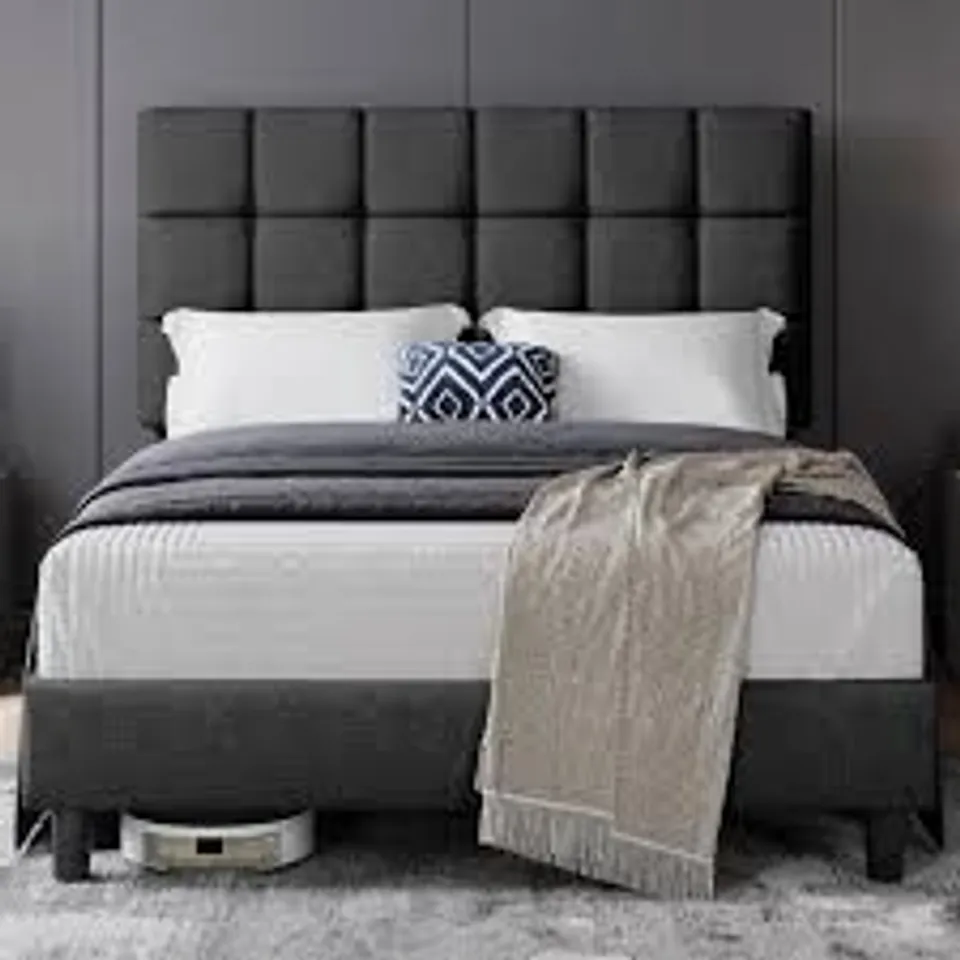 BOXED SIZE MODERN UPHOLSTERED DOUBLE BED FRAME WITH ADJUSTABLE SQUARE TUFTED HEADBOARD - 135CM DOUBLE / DARK GREY (1 BOX)