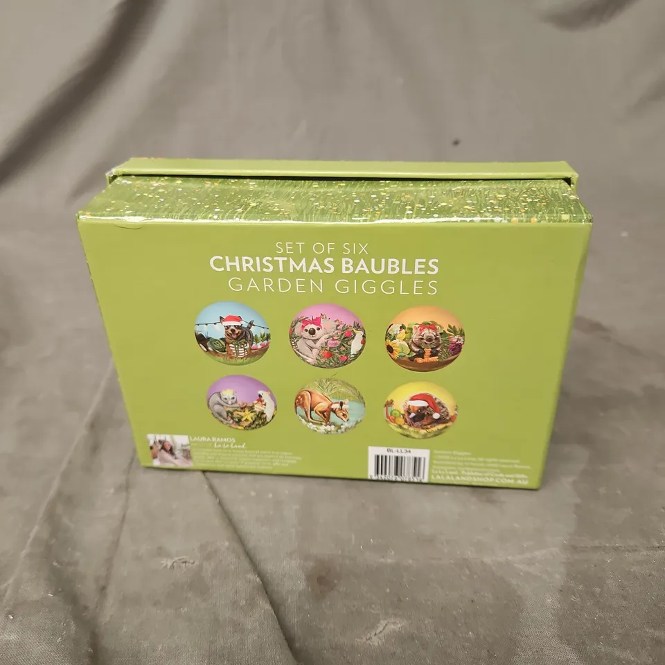 LA LA LAND 6 X CHRISTMAS BAUBLES "GARDEN GIGGLES" BY LAURA RAMOS BOXED