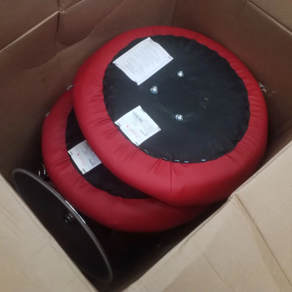 BOXED SET OF 2 RED LEATHER BAR STOOLS