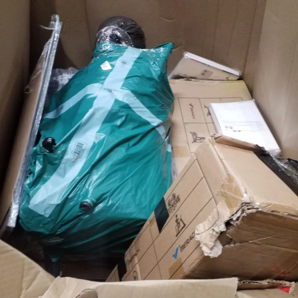PALLET CONTAINING ASSORTED PRODUCTS INCLUDING LAWN LEVELLING RAKE, SELF ADHESIVE FLOOR TILES, BIKE TRAINER STAND & ENCLOSED TRAMPOLINE