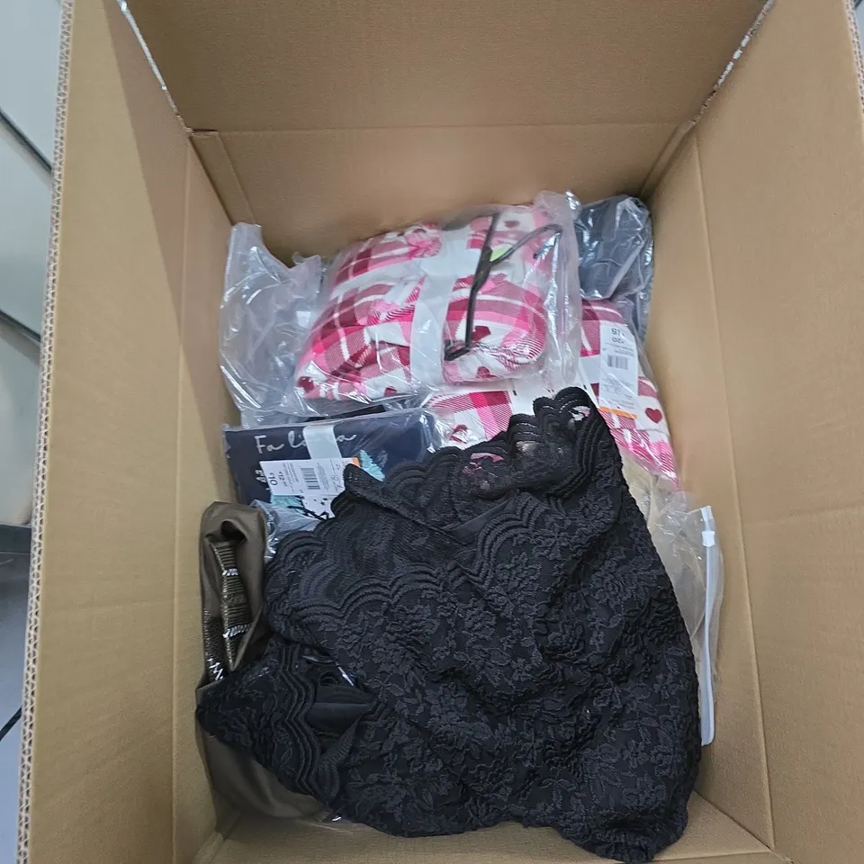 BOX OF APPROXIMATELY 25 CLOTHING ITEMS INCLUDING: FLUFFY CREAM HOODIE, FLUFFY ORANGE COAT AND TIMECATCHER BROWN JUMPER