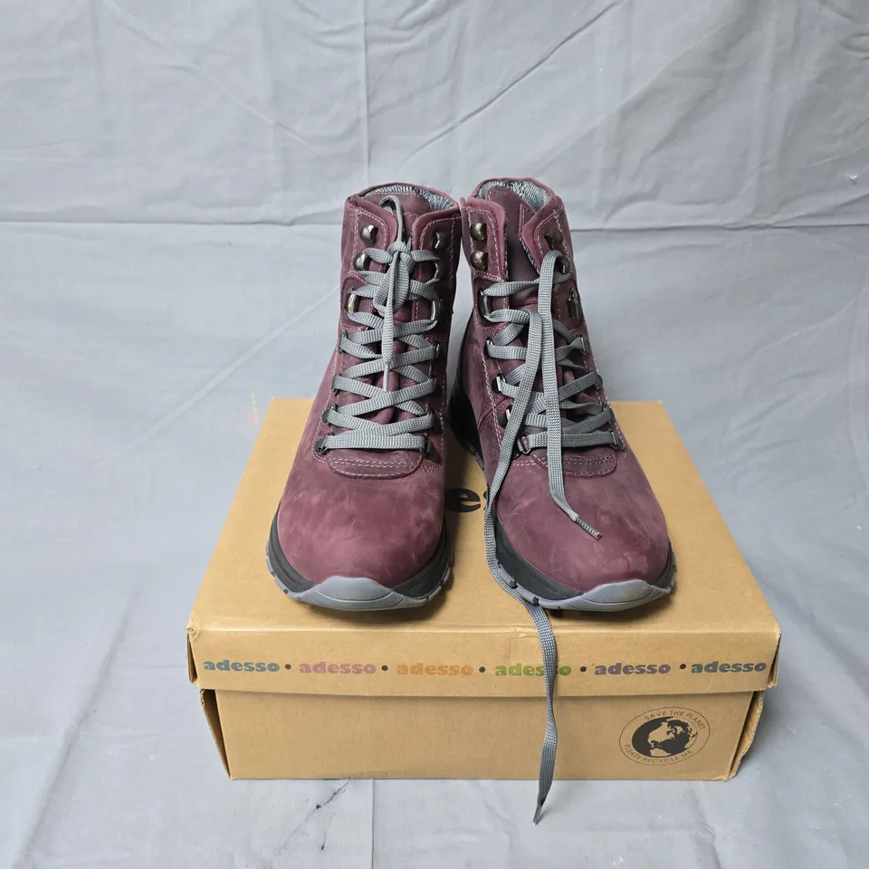 ADESSO BURGUNDY SUEDE BOOTS WITH GREY LACES – HIKING STYLE - SIZE 39 (BOXED)