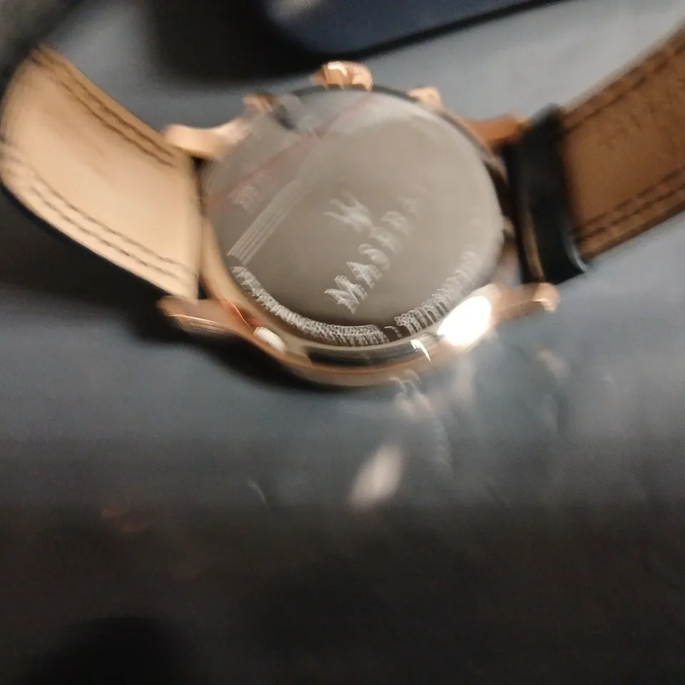 BOXED MASERATI BLUE DIAL WATCH WITH LEATHER STRAP 
