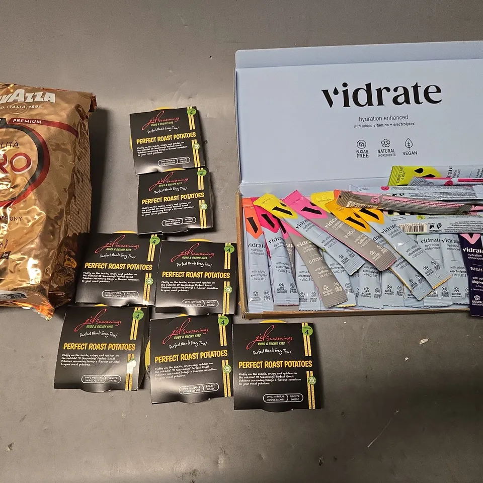 BOX OF ASSORTED FOOD PRODUCTS - INCLUDING LAVAZZA COFFEE, VIDRATE PACKS, AND SEASONING PACKS 