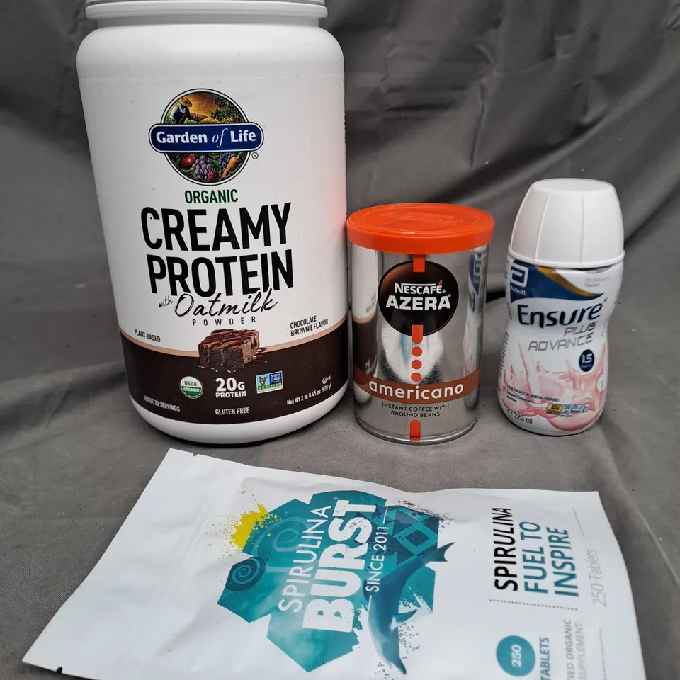 BOX OF APPROXIMATELY 10 ITEMS TO INCLUDE NESCAFE AMERICANO, OATMILK PROTEIN, ENSURE PLUS ETC