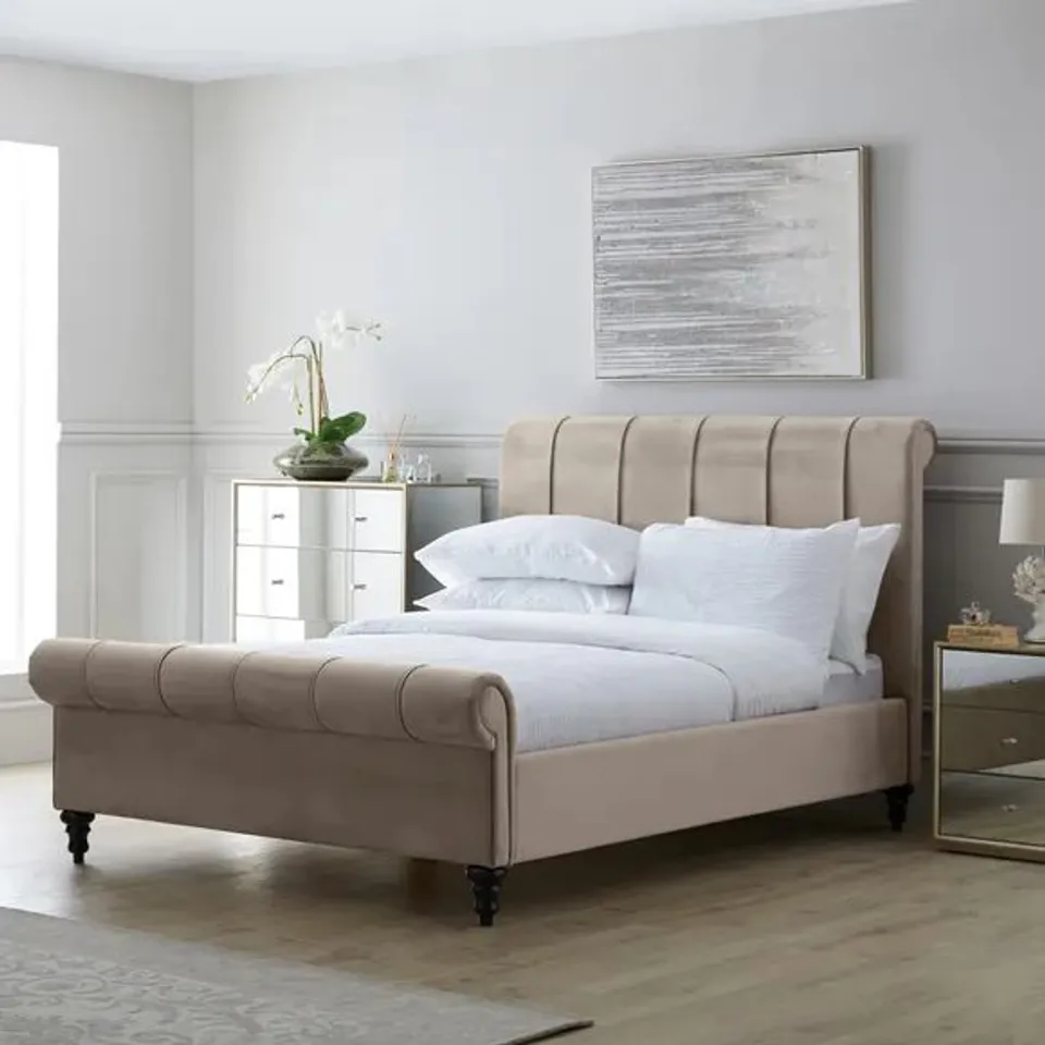 BOXED 4'6 CLASSIC PLEATED VELVET  TAUPE BEDSTEAD- 3 BOXES 