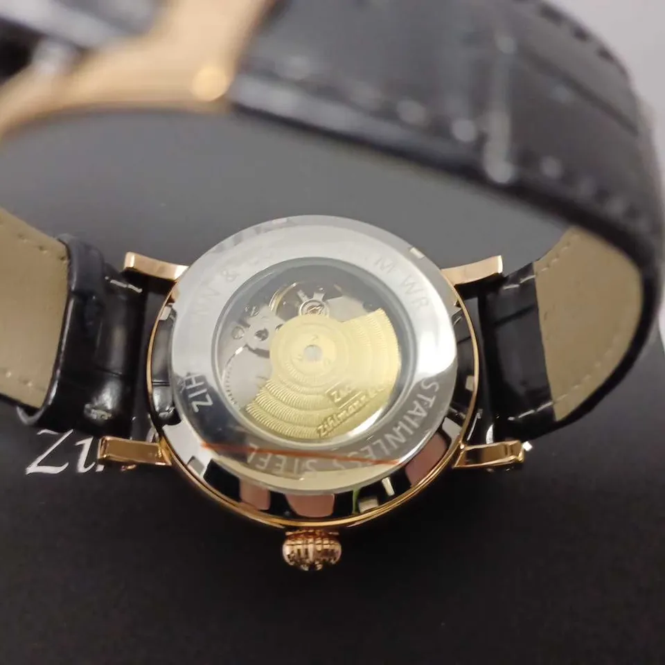 MENS ZIHLMANN & CO AUTOMATIC WATCH – Z150 – MOONPHASE DIAL – GLASS EXHIBITION BACKCASE - SILVER COLOUR CASE – BLACK LEATHER STRAP