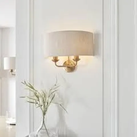 BOXED ENDON HIGHCLERE 2 LIGHT WALL LIGHT VINTAGE BRASS & NATURAL LINEN SHADE