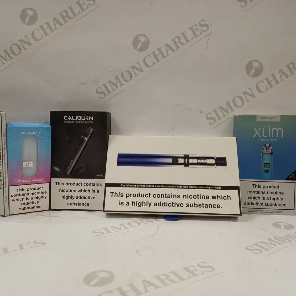 BOX OF APPROX 12 ASSORTED E-CIGARETTES TO INCLUDE - CALIBURN A2 POD SYSTEM - OXVA XLIM XTREME FLAVOR - VOOPOO VINCI Q ECT 