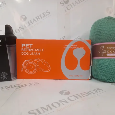 BOX OF APPROXIMATELY 20 ASSORTED HOUSEHOLD ITEMS TO INCLUDE STYLECRAFT SPECIAL DOUBLE KNIT YARN, RETRACTABLE DOG LEASH, KNOOPS SHAKER, ETC
