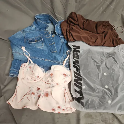 BOX OF APPROXIMATELY 20 ASSORTED CLOTHING ITEMS TO INCLUDE JACKET, TOPS, DRESS, ETC