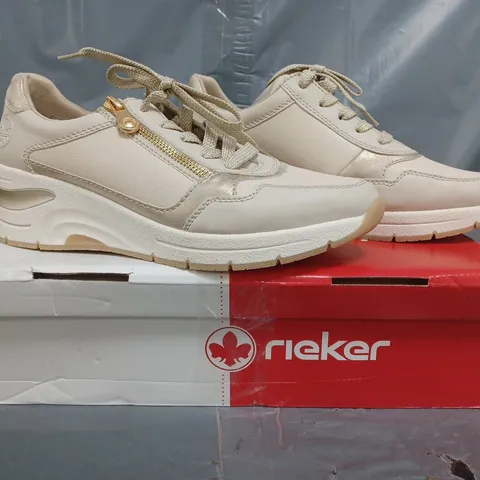 BOXED PAIR OF RIEKER ZIP DETAIL WEDGE TRAINERS IN TAUPE SIZE 6.5