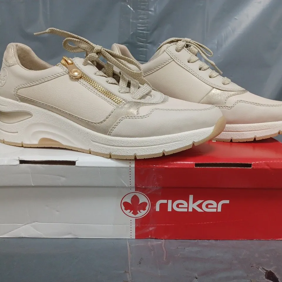 BOXED PAIR OF RIEKER ZIP DETAIL WEDGE TRAINERS IN TAUPE SIZE 6.5