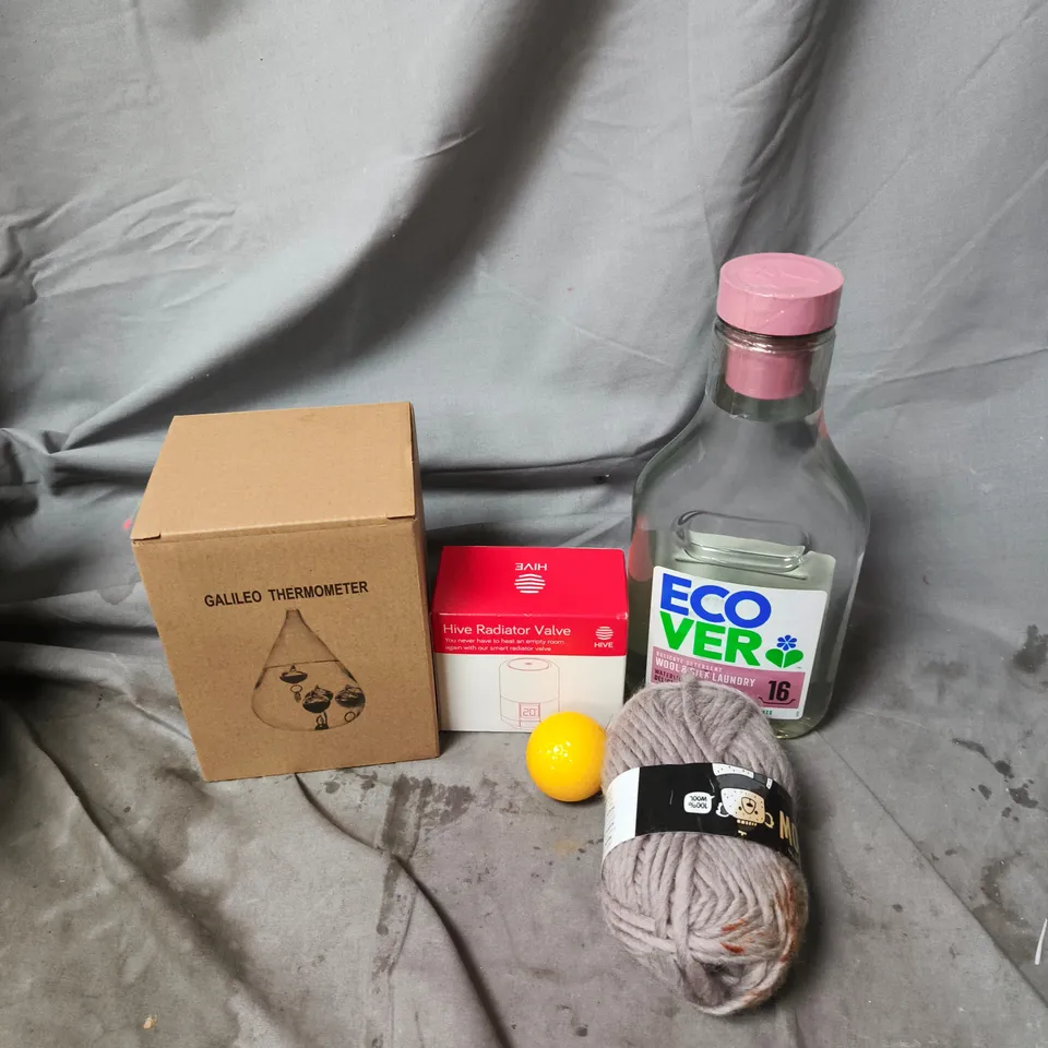 APPROXIMATELY 15 ASSORTED HOUSEHOLD ITEMS TO INCLUDE HIVE RADIATOR VALVE, KNITTING YARN AND ECOVER LAUNDRY DETERGENT