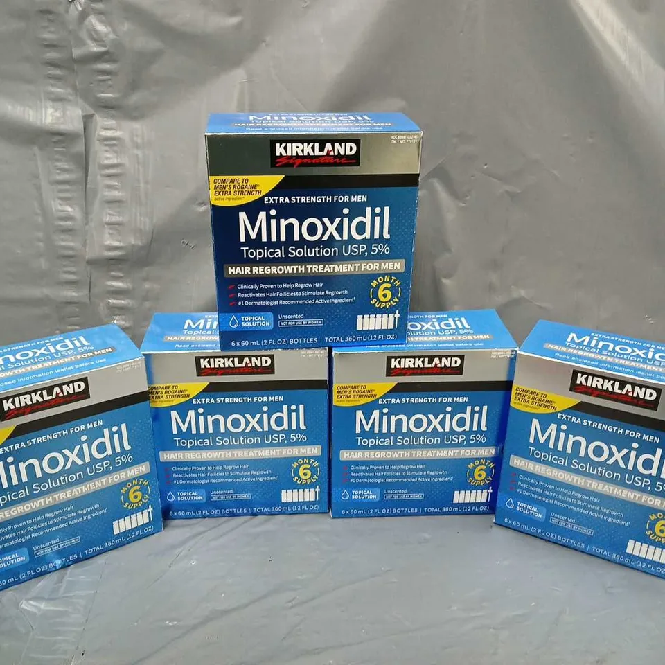 5 BOXED AND SEALED KIRKLAND SIGNATURE MINOXIDIL TOPICAL SOLUTION USP, 5% EXTRA STRENGTH (6X60ML IN BOX)