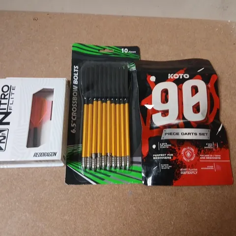 DARTS AND ARCHERY ACCESSORIES ASSORTMENT: 6.5" CROSSBOW BOLTS, KOTO 90-PIECE DARTS SET, NITRO FLIGHT