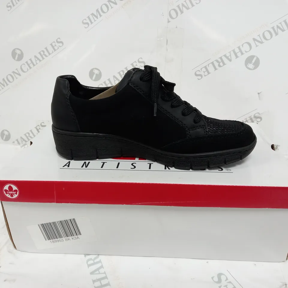 BOXED PAIR RIEKER WEDGE TRAINER IN BLACK, UK SIZE 3.5