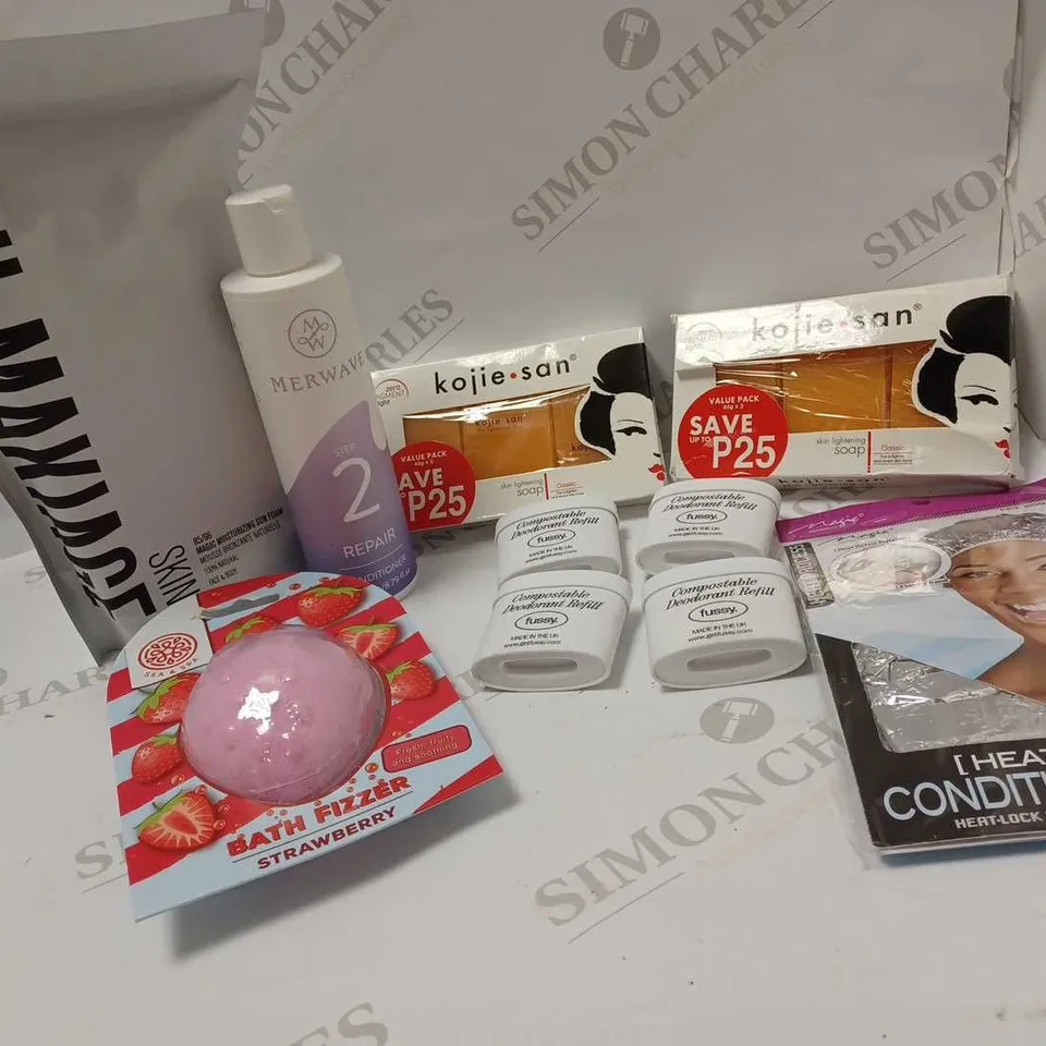 LOT OF TEN TO INCLUDE KOJIE SAN SOAPS , MERWAVE CONDITIONER AND DEODORANT REFILLS