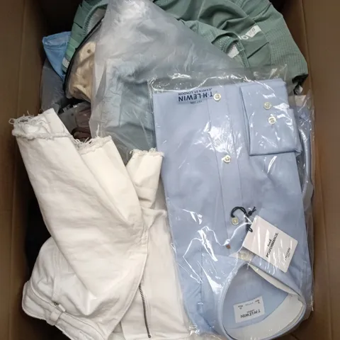 LARGE BOX OF APPROXIMATELY 25 ASSORTED CLOTHING ITEMS IN VARIOUS COLOURS, STYLES AND SIZES - COLLECTION ONLY