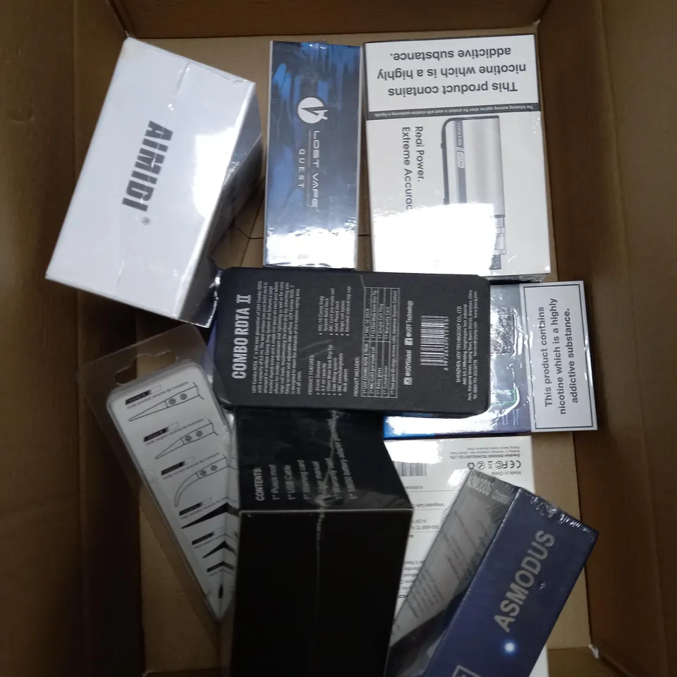 BOX OF APPROXIMATELY 10 ASSORTED E-CIG PRODUCTS TO INCLUDE ASPIRE, OXVA, AIMIDI ETC