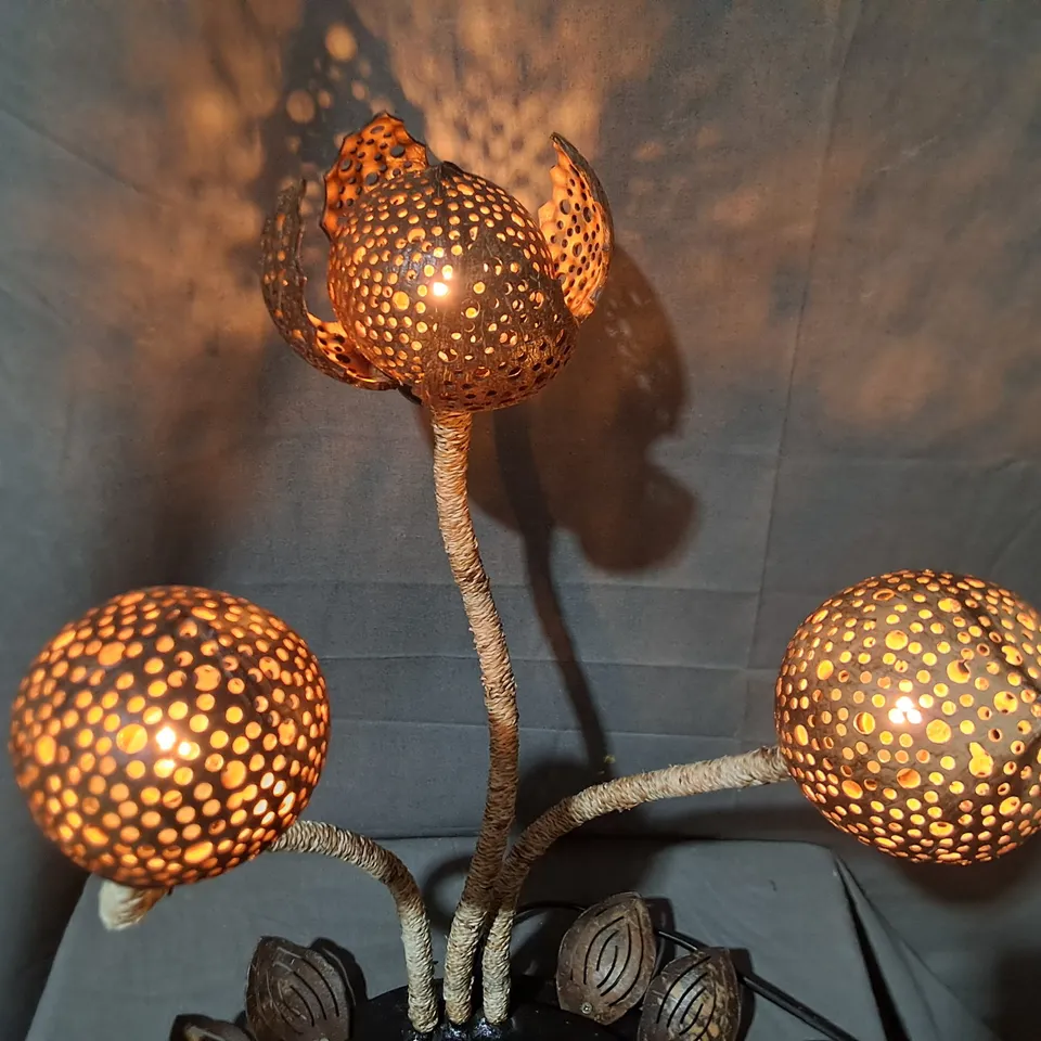 WOOD AND JUTE 3-LAMP 50CM COCONUT TREE TABLE LAMP WITH TRAY BASE