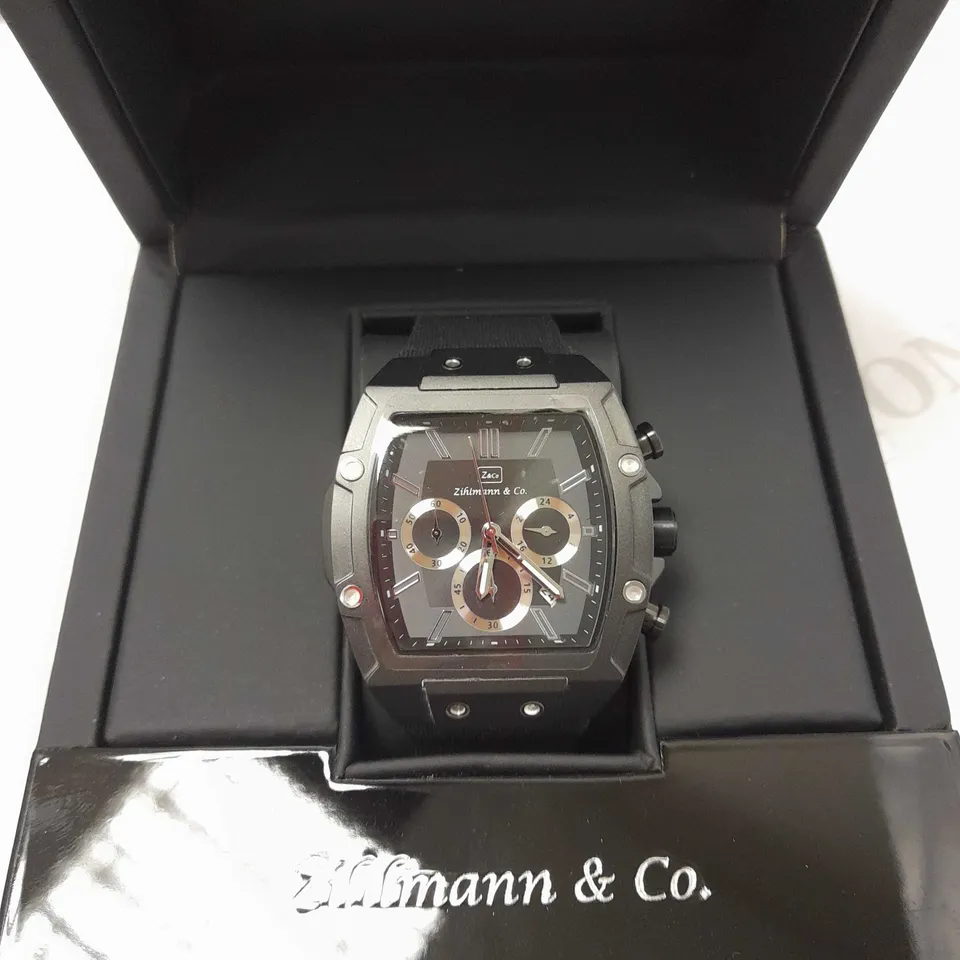 ZIHLMANN & CO BLACK TRIPLE DIAL STUD RUBBER STRAP WATCH