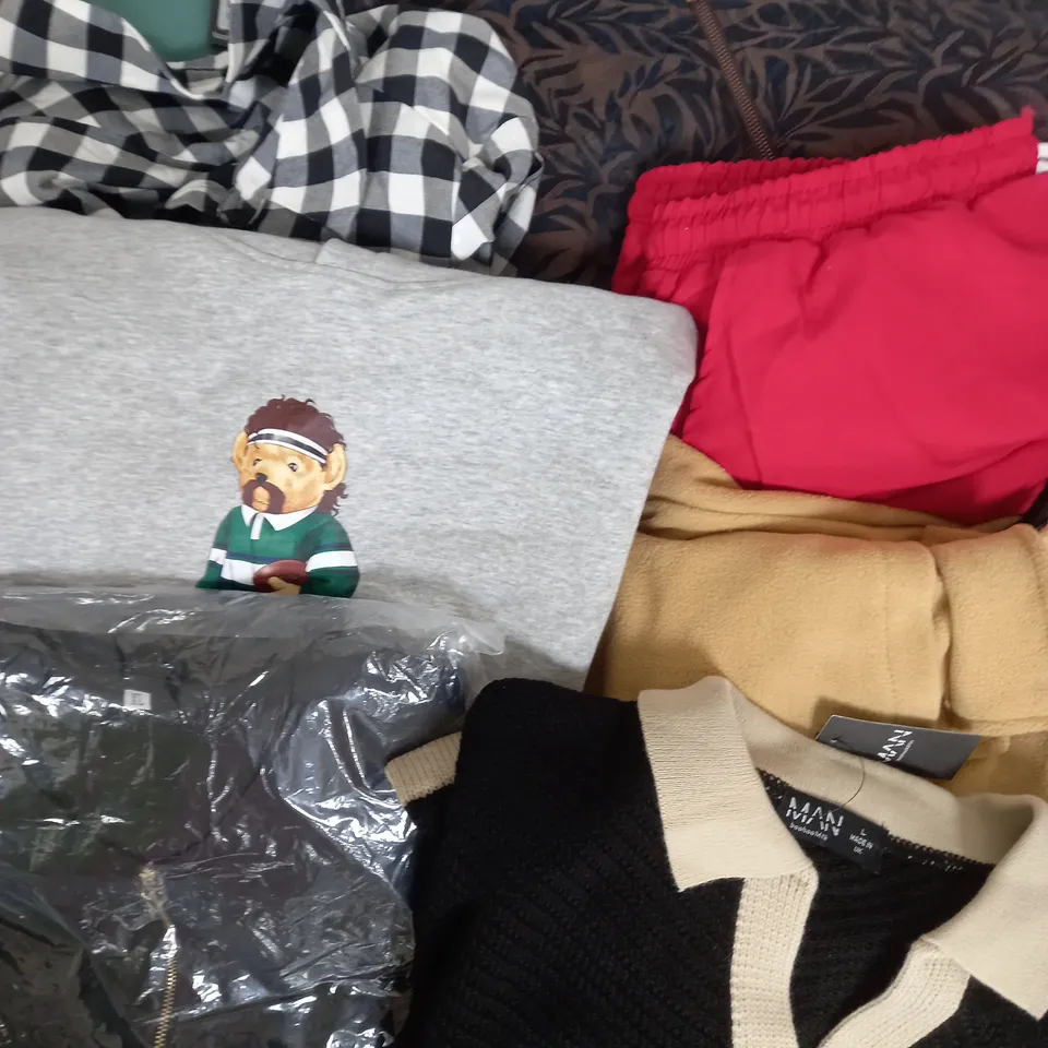 BOX OF APPROXIMATELY 22 ASSORTED CLOTHING ITEMS TO INCLUDE - SHORTS, JACKETS, JUMPERS ETC