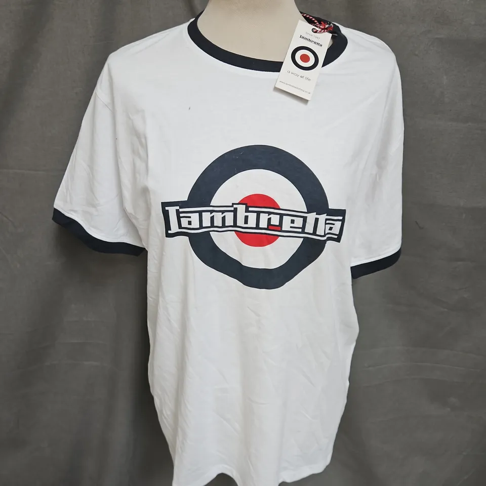 LAMBRETTA LOGO RINGER TEE IN WHITE/NAVY SIZE XL