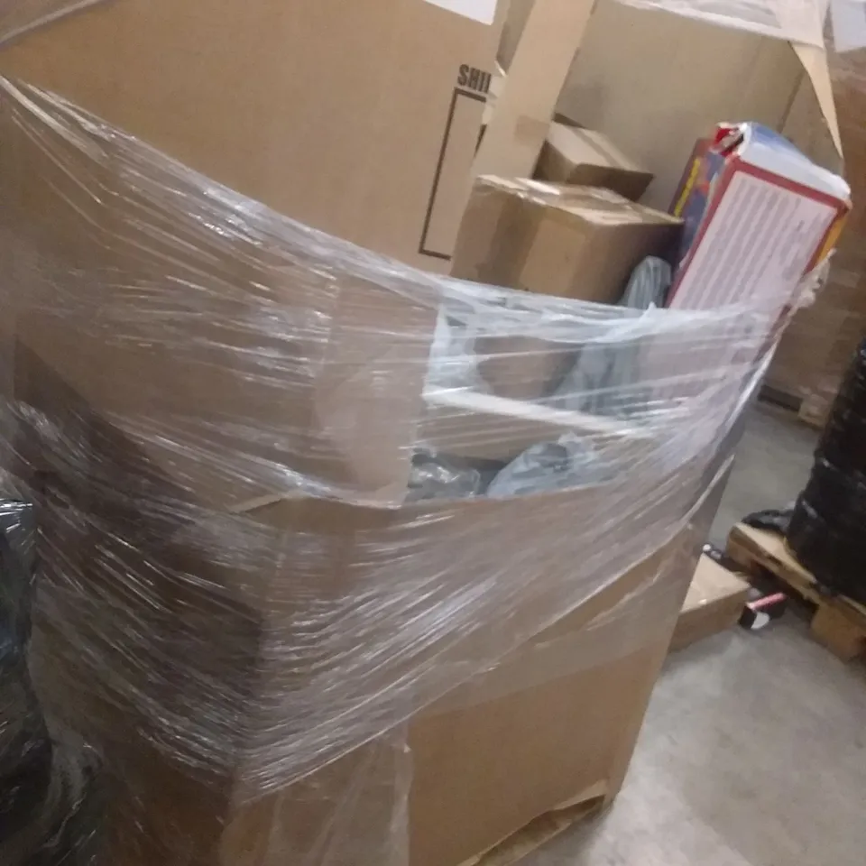 PALLET OF ASSORTED ITEMS INCLUDING VISUAL BLISS SMALL WHITE PAMPAS GRASS, APUDARMIS CROQUET, MEDTREE, VACURE THE YOGA MAT, FURWOOD OFFICE STOOL, CHIMNEY SWEEP KIT 