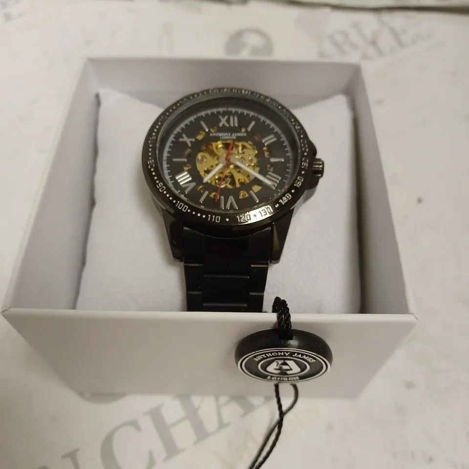 BOXED ANTHONY JAMES GENTS LIMITED EDITION TECHTONIC AUTOMATIC WATCH - STAINLESS STEEL - 3 ATM. 