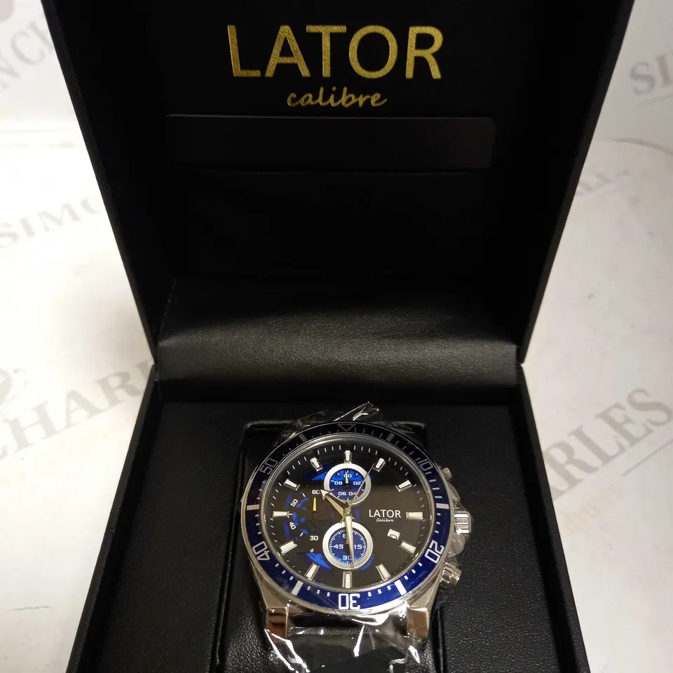 LATOR CALIBRE BLUE & YELLOW DIAL SUEDE LEATHER STRAP WATCH RRP £635
