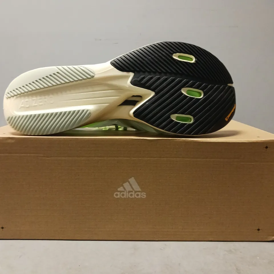 BOXED PAIR OF ADIDAS ADIZERO PRIME X SHOES IN CLEAR/GREEN UK SIZE 10
