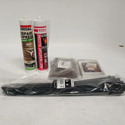 TOTE OF APPROXIMATELY 15 ASSORTED ITEMS TO INCLUDE SOUDAL REPAIR EXPRESS, VITCAS SILICONE, CABLE TIES, MINI WEAVING LOOM ETC