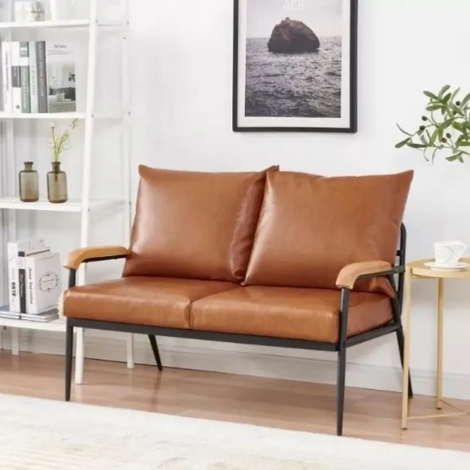 BOXED CLIPOP 2 PERSON MID CENTURY MODERN ACCENT CHAIR, FAUX LEATHER LOVESEAT SOFA WITH REMOVABLE BACKREST AND CUSHION,FOR LIVING ROOM, LIGHT BROWN