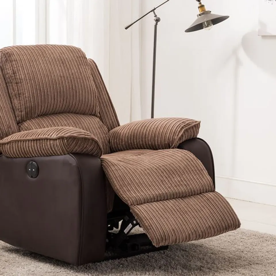 BOXED POSTANA BROWN FAUX LEATHER & FABRIC POWER RECLINING EASY CHAIR (1 BOX) RRP £379.99